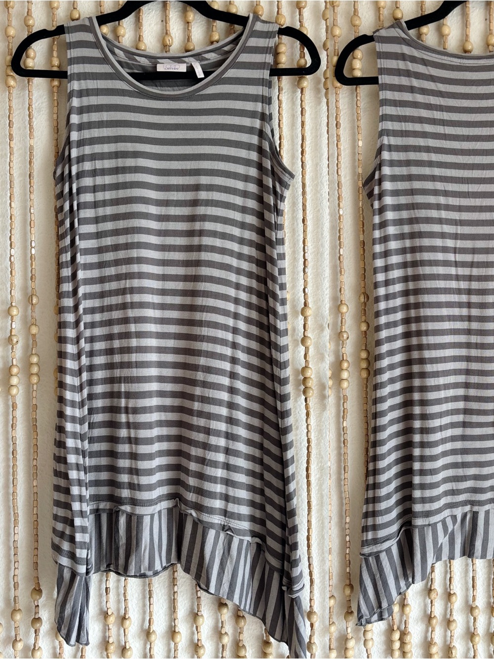 LOGO Layers Gray Striped Asymmetrical Ruffle Hem Sleeveless Summer Tunic Tank